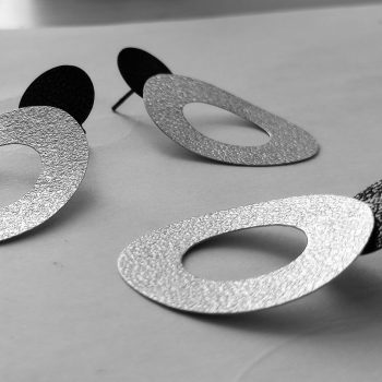 Textured Black and Satin-White Hollow Oval Drop Earrings
