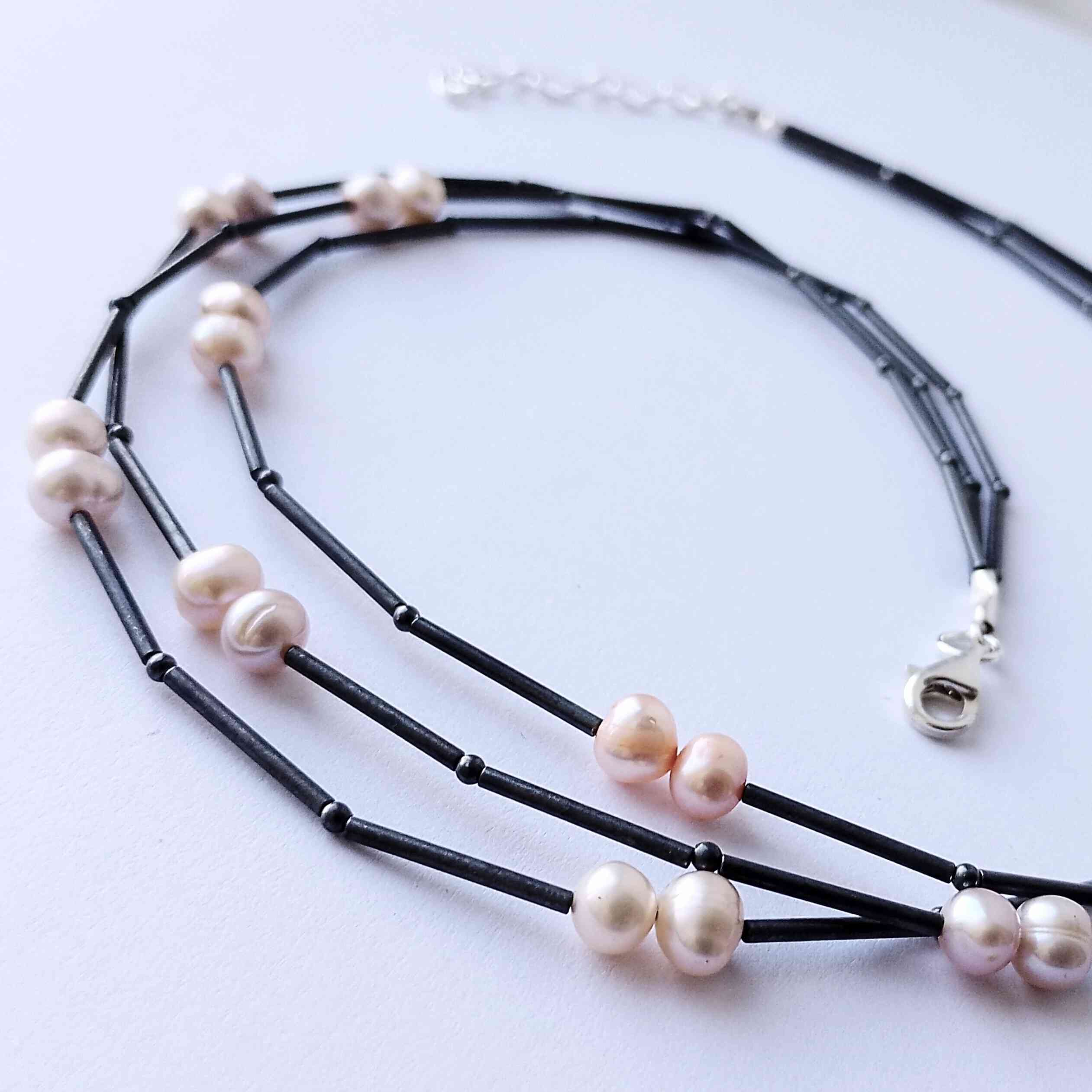 3 Strand Oxidised Tube with Natural Pale Pink Cultured Pearls Necklace