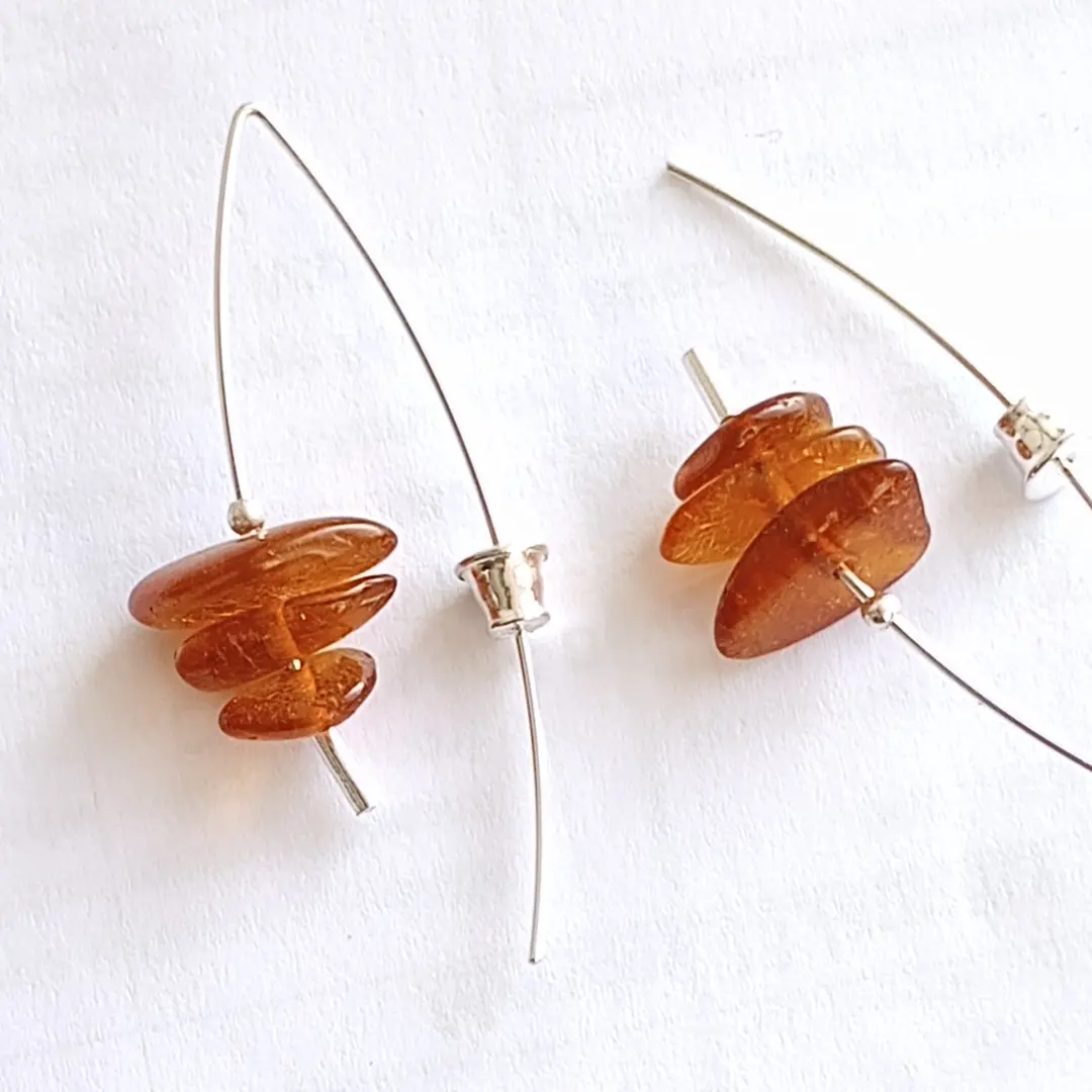 Drop Earrings with 3 Natural Amber Pieces on Ear Pin