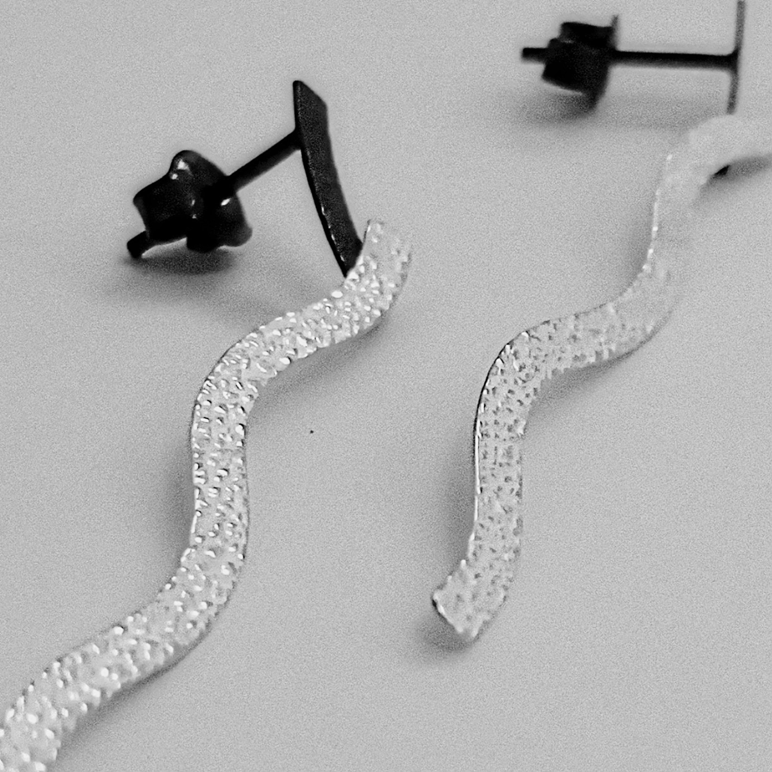 Long Wave Drop Earrings on Oxidised Bar with a Post